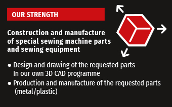 Construction and manufacture of special sewing machine parts and sewing equipment